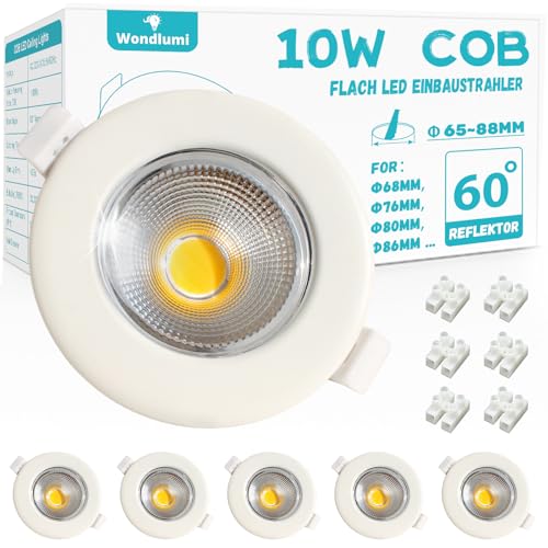 Wondlumi 6er LED Einbaustrahler 10W Set LED Spot Rund Weiß Spots Deckenleuchte 65-88mm Lochmaß 5000K Kaltweiß Einbauleuchten 850LM für Schlafzimmer von Wondlumi