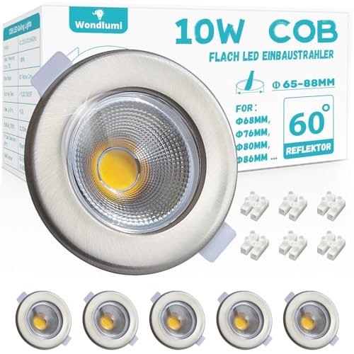 Wondlumi 6er LED Einbaustrahler 10W Set LED Spots 230V Rund Gebürstet Edelstahl Spots Deckenleuchte 4000K Neutralweiß 850LM Einbauspots 65-88mm Lochmaß von Wondlumi