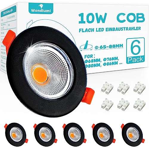 Wondlumi 6er LED Einbaustrahler 230V 10W COB Set LED Spot Rund 3000K Warmweiß 850LM Deckenspots Schwarz Matt 65-85mm Lochmaß für Schlafzimmer von Wondlumi