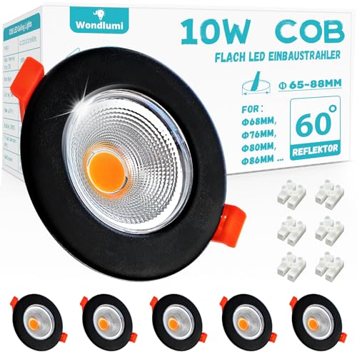 Wondlumi 6er LED Einbaustrahler 230V 10W Set LED Spot Rund Schwarz Matt Deckenspots 65-88mm Lochmaß Spots Deckenleuchte Warmweiß 3000K 850LM für Schlafzimmer von Wondlumi