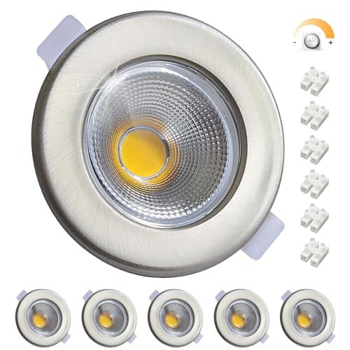 Wondlumi 6er LED Einbaustrahler 230V 7W Dimmbar Set LED Spot Flach 33mm Rund Einbauleuchten Kaltweiß 5000K Gebürstet Edelstahl 600LM Spots Deckenleuchte 65-85mm Lochmaß von Wondlumi