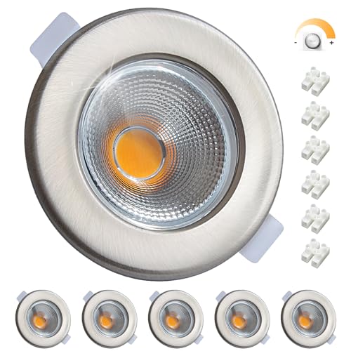 Wondlumi 6er LED Einbaustrahler 230V 7W Dimmbar Set LED Spots Rund Gebürstet Edelstahl Deckenspots 65-85mm Lochmaß 3000K Warmweiß Einbauleuchten 600LM für Schlafzimmer von Wondlumi