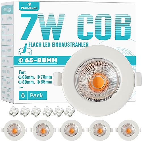 Wondlumi 6er LED Einbaustrahler 230V 7W Set Flach 33mm LED Spot Rund Weiß Deckenspots 3000K Warmweiß 600LM für Küche Schlafzimmer von Wondlumi