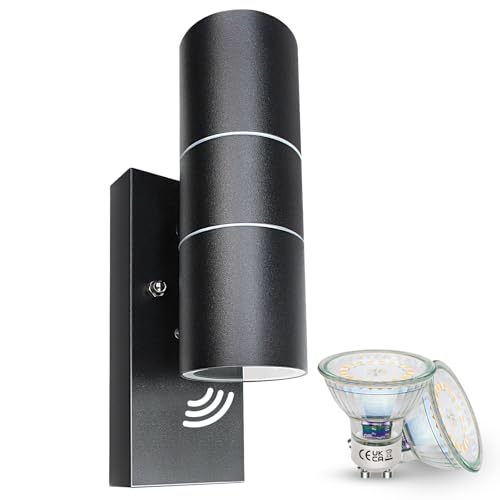 Wondlumi Außenlampe LED Schwarz GU10 Aussenlampe mit Dämmerungsschalter Modern IP44 Wandleuchte 230V inkl.2x5W Warmweiß Glühbirne von Wondlumi