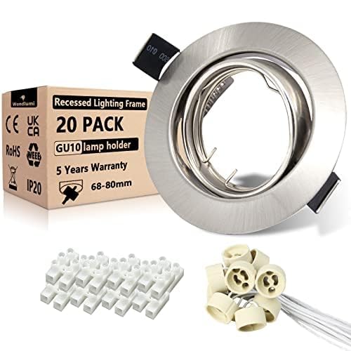 Wondlumi 20er Einbaustrahler GU10 Set Rund Einbaurahmen Schwenkbar Edelstahl Gebürstet 68mm Einbauspot Rahmen 230V inkl. GU10 Fassung für LED oder Halogen von Wondlumi