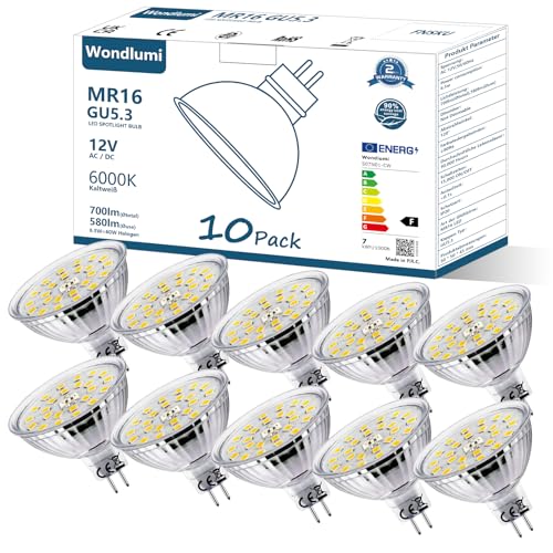 Wondlumi GU5,3 LED Lampen Kaltweiß 6000K MR16 6,5W Ersatz für 60W Halogen Lampe 700lm LED Birne AC/DC 12V Leuchtmittel 120° Abstrahwinkel Nicht-Dimmbar 10er Set von Wondlumi