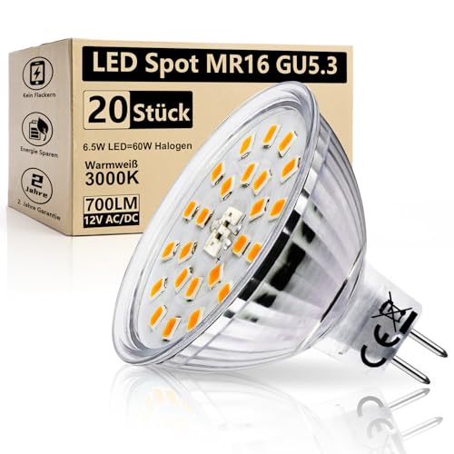 Wondlumi 20er LED Lampe GU5.3 12V 6.5w LED Birnen Warmweiß 3000K Ersatz 60W Halogen Leuchtmittel MR16 12V AC/DC LED Spot 700LM, Nicht-Dimmbar von Wondlumi