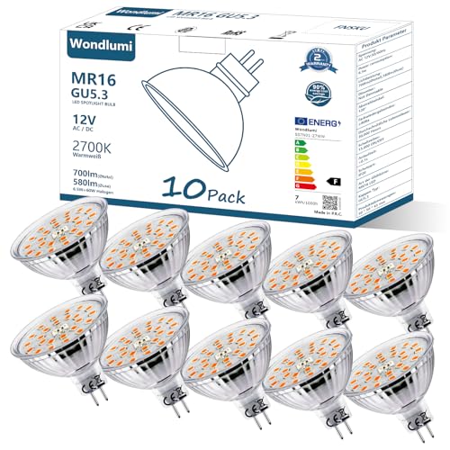 Wondlumi LED Leuchtmittel 12V GU5.3 LED Lampe 6.5w Warmweiß 2700K Glühbirnen Ersatz für 60W MR16 Birnen 12V AC/DC, Nicht Dimmbar 10er Pack von Wondlumi