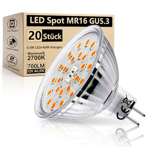Wondlumi 20er LED Leuchtmittel 12V GU5.3 LED Lampe 6.5w Warmweiß 2700K Glühbirnen Ersatz für 60W MR16 Birnen 12V AC/DC, Nicht Dimmbar von Wondlumi