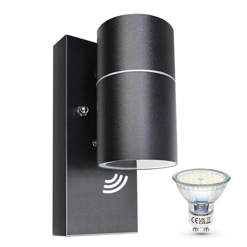 Wondlumi Außenleuchte LED GU10 Wandlampe Schwarz Modern Außenlampe IP44 mit Dämmerungssensor Balkonlampe 230V inkl.1x 5W Kaltweiß 500lm Glühbirne von Wondlumi