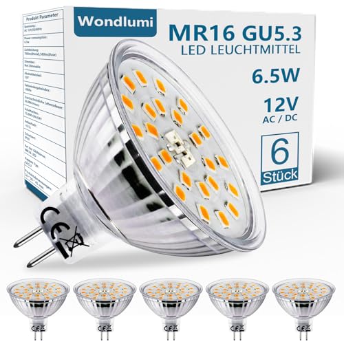 Wondlumi Leuchtmittel LED GU 5.3 6.5W 12V LED Glühbirnen Halogen LED ersatz 60W Warmweiß MR16 LED Birnen AC/DC 700LM LED Spots, Nicht-Dimmbar 6er pack von Wondlumi