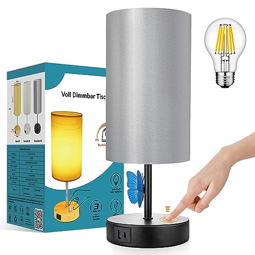 Wondlumi Nachttischlampe Touch Dimmbar E27 Tischlampe mit 2 USB-Anschlüsse, 3 Wege Dimmbar mit Lampenschirm Nachttischlampe Schwarz inkl. 6W Warmweiß 600lm LED für Schlafzimmer von Wondlumi