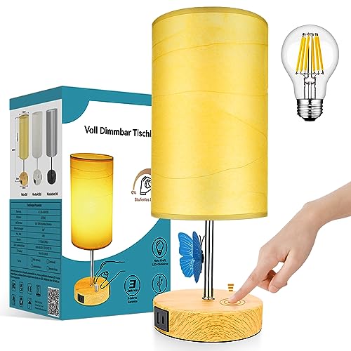 Wondlumi Touch Dimmbar Nachttischlampe mit USB A+Typ-C Ladefunktion, Kleine Tischleuchte Holzmaserung mit Schirm, Modern Tischlampe E27 für Schlafzimmer, inkl. 6W Warmweiß LED-Birne von Wondlumi