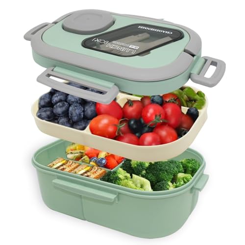 Wondora Lunchbox mit Fächern, Bento Box Kinder Brotdose mit Gabel Stackable Lunchbox Erwachsene, Microwaveable & Dishwasher Safe Lunch Box für Schule, Arbeit, Picknick (Grün) von Wondora