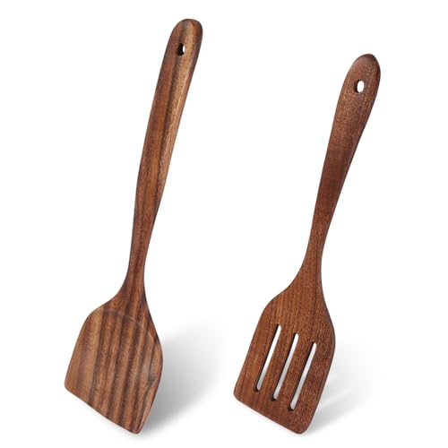 Wondora Pfannenwender Holz 2er set 34cm, Hochwertiges Akazienholz Küchenhelfer set, Verhindert Kratzer auf Pfannen, Hitzebeständig, Gesund, Antibakteriell, Ergonomisch von Wondora