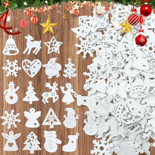 Wondsea 100 Stück Weihnachtsbaum Holzanhänger,Christbaumschmuck Weihnachtsdeko,Glöckchen,Stern,Schneeflocke Weihnachtselement,DIY Basteln Handwerk Weihnachtsbaumschmuck Tischdeko（Weiß） von Wondsea
