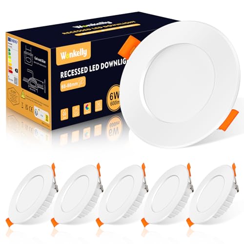 LED Einbaustrahler 230V, 6W Flach Deckenstrahler, LED Spot IP44, Kaltweiß 6000K Deckenspots, 600LM, 68-80mm EinbauØ, Bad Einbauleuchten für Badezimmer, Küche, Wohnzimmer, Flur, 6er Set von Wonkelly