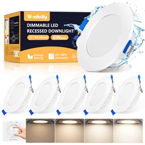 LED Einbaustrahler 230V Dimmbar Flach, 6W LED Spot Deckenleuchte Neutralweiß 4000K IP44 Bad Einbauleuchten, 600Lumen Deckenspots Deckenstrahler Einbauspots für Badezimmer Küche Wohnzimmer, 6er Set von Wonkelly