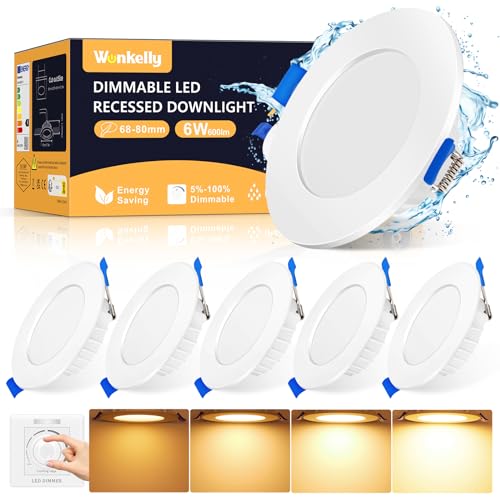 LED Einbaustrahler 230V Dimmbar, 6W Flach LED Spot Deckenleuchte Warmweiß 3000K IP44 Bad Einbauleuchten, 600Lumen Deckenspots Deckenstrahler Einbauspots für Badezimmer Küche Wohnzimmer, 6er Set von Wonkelly