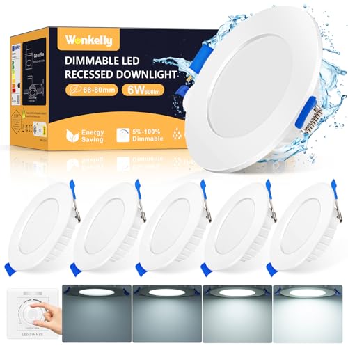 LED Einbaustrahler 230V Dimmbar Flach, 6W LED Spot Deckenleuchte Kaltweiß 6000K IP44 Bad Einbauleuchten, 600Lumen Deckenspots Deckenstrahler Einbauspots für Badezimmer Küche Wohnzimmer, 6er Set von Wonkelly