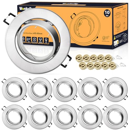 LED Einbaustrahler GU10 Set, (inkl. GU10 Fassung), LED Spots 230V, Lochdurchmesser 68mm, Einbaurahmen In Rund, Chrom-Gebürstet, 30° Schwenkbar, Einbauspots aus Metall, für Einbaubeleuchtung（10 Stück） von Wonkelly