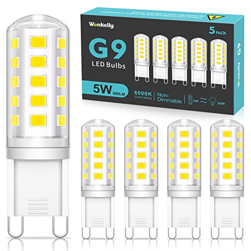 Wonkelly G9 LED Lampen Kaltweiss, 5W, 500LM, 6000K, Ersatz für 50W Halogenlampe, G9 LED Leuchtmittel, Nicht dimmbar, Kein Flimmern, 360° Abstrahlwinkel, AC 220-240V, Energiesparende Glühbirne-5 Stück von Wonkelly