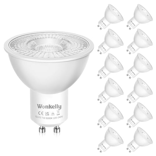 Wonkelly GU10 LED Kaltweiss, 7W 500 Lumen LED Leuchtmittel, 6000K LED GU10 Kaltweiß Lampen, Ersatz für 50W Glühbirne, Abstrahlwinkel 38°,Nicht Dimmbar Reflektorlampe, LED Energiesparlampe-12 Stück von Wonkelly