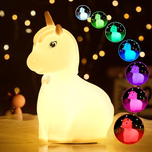 Wonkelly Nachtlicht Kinder, Einhorn Silikon Nachtlicht Baby Nachttischlampe, 7 Farben Dimmbar Nachttischlampe Touch, Wiederaufladbar Timing Nachtlicht, Tragbaren Nachtlampe Kinder Babyzimmer Geschenk von Wonkelly