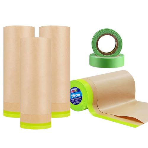 Wonninek 4 Stücke 30cm*15m Kraftpapier vorgeklebte Abdeckfolie, Zuhause Möbelschutzpapier Mit 2 Stücke Abdeckfolie Klebeband, Automobil-Klebeband Malerzubehör von Wonninek