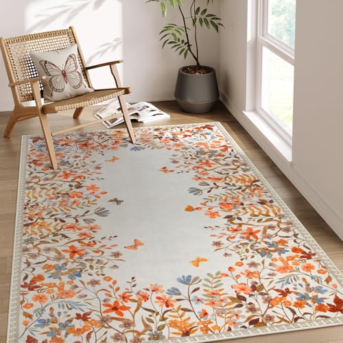 Wonnitar Waschbarer Teppich mit Blumenmuster, 10,2 x 15,2 cm, rutschfest, weicher Herbstteppich für Schlafzimmer, niedriger Flor, botanischer Kinderzimmerteppich, Teppich für Schlafzimmer von Wonnitar