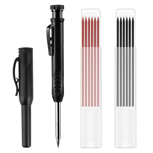 Wonvify Tieflochmarker Bleistift Set, Baustellenstift mit integriertem Spitzer, 1 Stück Tieflochmarker mit 12 Bleistiftsminen, Baustellen Stift Bleistiftspitzer für Zimmermann für Architektenbau von Wonvify