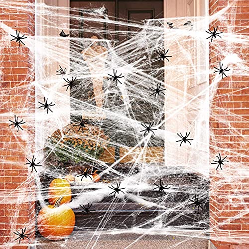 Halloween Deko Spinnennetz, Spinnennetz Deko mit 120g Spinnennetz und 30 Spinnen, Deko Halloween für Indoor Tischdekoration Halloween Party Tür und Fenster Karneval Garten Horror Deko Outdoor von WooBest