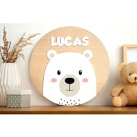 Personalisiertes Eisbär Namensschild, Kinderzimmer Dekor, Rundes Holz Baby Shower, Geschenk, Namensschild von WooDeeCreations