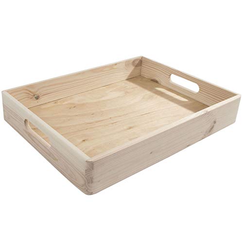 Flache Holzkiste | 40 x 30 x 6,5 cm | stapelbares Serviertablett für Tee Kaffee Frühstück | offene Aufbewahrungsbox mit Griffen | Füße darunter | unbemalte & unbehandelte dekorative Kiefer Flache Holzkiste | 40 x 30 x 6,5 cm | stapelbares Serviertablett für Tee Kaffee Frühstück | offene Aufbewahrungsbox mit Griffen | Füße darunter | unbemalte & unbehandelte dekorative Kiefer von WooDeeDoo