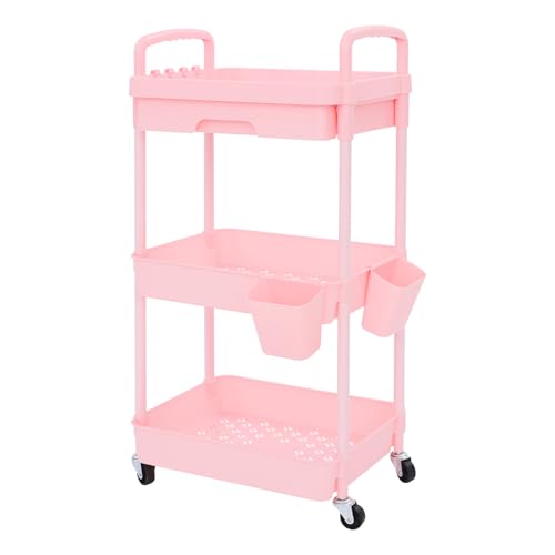 WooDerson 3-stöckiger Lagerwagen Regal Rollwagen mit Schubladen, Multifunktionaler Servierwagen mit Rollen Rollwagen, hängende Becher und Haken, Aufbewahrungswagen für Küche, Bad, Büro (Rosa) von WooDerson