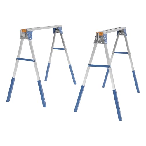 WooDerson Arbeitsbock 2er set Klappbock Gerüstbock, Höhenverstellbarer Sägebock mit 4 Haken, Ausklappbaren Halterungen Klappsäge Pferd für Lager, Fabriken, Garagen usw (Blau, Silber) von WooDerson