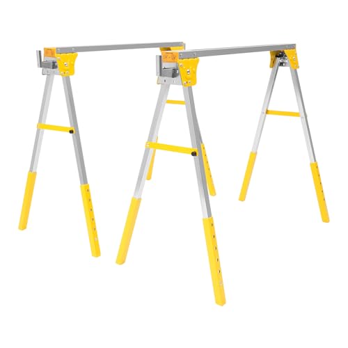 WooDerson Arbeitsbock 2er set Klappbock Gerüstbock, Höhenverstellbarer Sägebock mit 4 Haken, Ausklappbaren Halterungen Klappsäge Pferd für Lager, Fabriken, Garagen usw (Gelb, Silber) von WooDerson