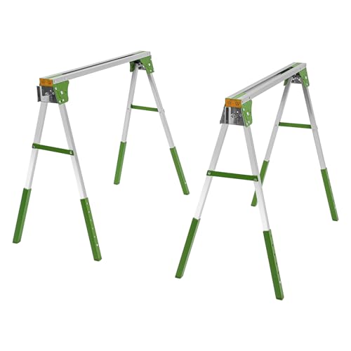 WooDerson Arbeitsbock 2er set Klappbock Gerüstbock, Höhenverstellbarer Sägebock mit 4 Haken, Ausklappbaren Halterungen Klappsäge Pferd für Lager, Fabriken, Garagen usw (Grün, Silber) von WooDerson