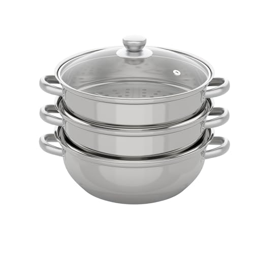 WooDerson Dampfkocher 3 Etagen, Edelstahl Dampfgarer Kochtopf Mit Transparenter Topf Deckel Und Hohle Griffe, Dampf Kochtopf Für Gas, Elektro, Induktions Und Halogenherde von WooDerson