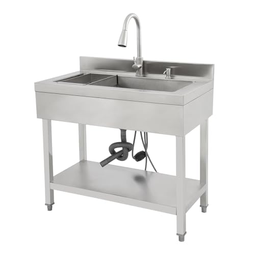 WooDerson Edelstahlspüle zum Waschen, Freistehende Edelstahl-Spülbecken, Rechteckige Spülbecken mit 1 Becken, Gewerbliche Restaurantspüle mit Wasserhahn (Silber, 90x60x80cm) von WooDerson