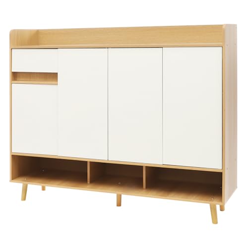 WooDerson Freistehender Schuhschrank, Moderner Multifunktionaler Schuhschrank mit 1 Schublade 4 Türen, für High Heels, Sportschuhe, 120 x 32 x 100 cm (Log Color+ Warm White) von WooDerson