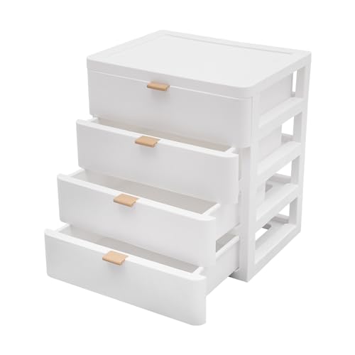 WooDerson Kunststoff-Aufbewahrungs-Organizer mit 4 Schubladen, Schreibtisch-Organizer, Schreibtisch-Aufbewahrungsbox Kann für Bücher, Schmuck, Kosmetika, Snacks, Kleinigkeiten,Weiß von WooDerson