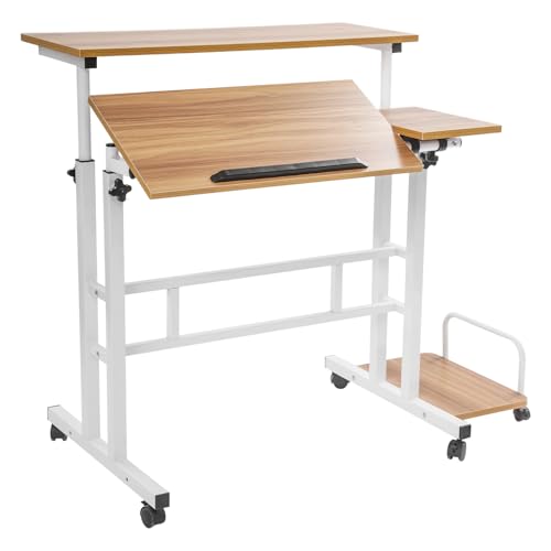 WooDerson Multi Functional Foldable Desk Dichtes Brett Kohlenstoffstahl Stehpult Höhenverstellbar mit Rollen und neigbar Tischplatte für Zuhause Büro, 74x54x115cm (Licht Walnuss + Weiß) von WooDerson