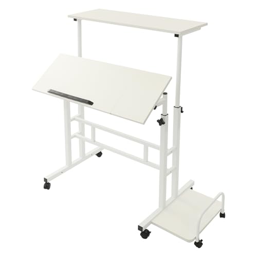 WooDerson Multi Functional Foldable Desk Dichtes Brett Kohlenstoffstahl Stehpult Höhenverstellbar mit Rollen und neigbar Tischplatte für Zuhause Büro, 74x54x115cm (Weiß) von WooDerson