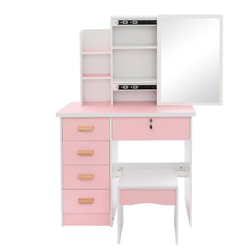 WooDerson Schminktisch mit Spiegel und Hocker, Schminktische mit 5 Schubladen, 3 offenen und 3 versteckten Kabinen, Modern Kosmetiktisch aus Holz und Frisiertisch, 80x35x128cm (Pink + Weiß) von WooDerson