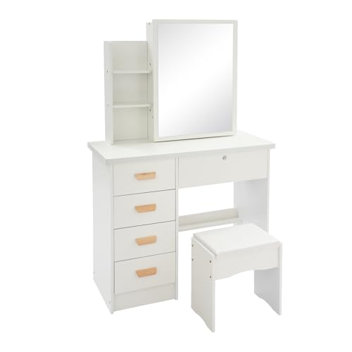 WooDerson Schminktisch mit Spiegel und Hocker, Schminktische mit 5 Schubladen, 3 offenen und 3 versteckten Kabinen, Modern Kosmetiktisch aus Holz und Frisiertisch, 80x35x128cm (Weiß) von WooDerson