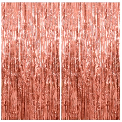 2PCS Metall Lametta Vorhänge (1 x 2 m), Glitzervorhang Lametta, Glitzer Party Vorhang, Dekoration aus Glitzerfolie für Hochzeitsfeier, Vorhänge mit Fransen, aus Rosegold von Woobroo