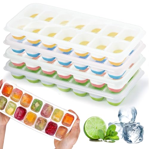 4 Stück Eiswürfelformen aus Silikon mit Deckel, Eiswürfelform, LFGB-zertifiziert – BPA-frei, quadratische Eiswürfelformen leicht zu entfernen (1 grün + 1 blau + 1 rosa + 1 gelb) von Woobroo