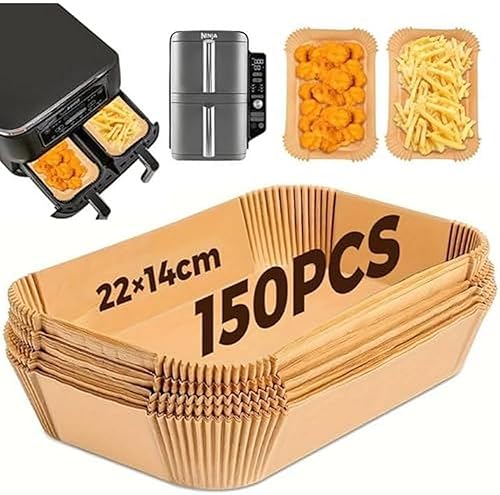 Air Fryer Backpapier, 150 Stück, Food-Grade 22 x 14 cm, rechteckig, Einweg, Antihaft, ohne Öl, Pergamentpapier, für Ninja Air Fryer Foodi Dual Zone Double Stack und andere Double Airfryer von Woobroo