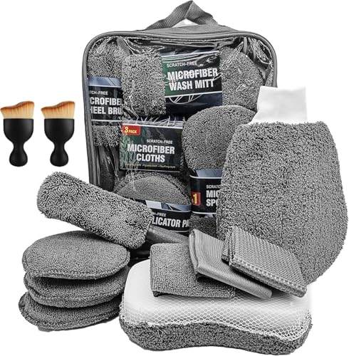 Auto Reinigungsset, 11Pcs Autowäsche Set Auto Waschen Set mit Reifenbürste,mehrzweck-reinigungstüchern, polierpad und Schwamm,innenreinigung weiche bürste für automovie von Woobroo